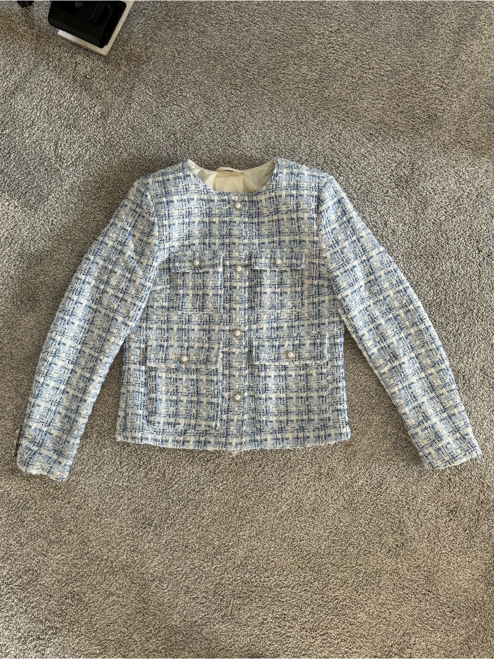 H&M Cream & Blue Tweed Cropped Jacket